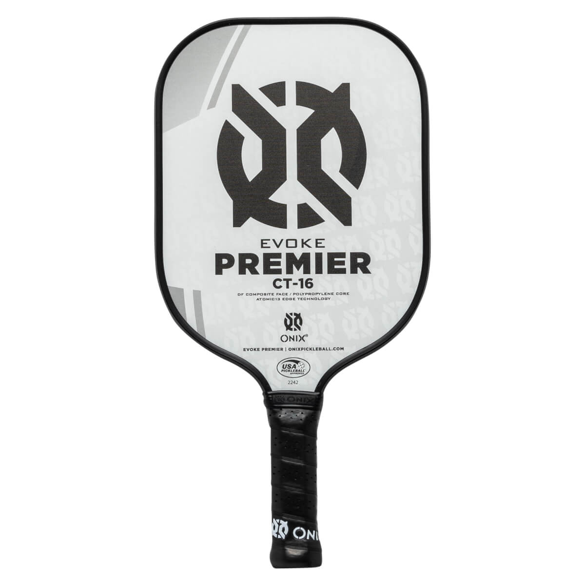 Front view of a white pickleball paddle with black branding, including EVOKE PREMIER CT-16 and the Onix logo.