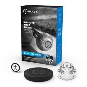 Front view of Blast Baseball swing analyzer components with a white sensor, black charging base, and clear attachment.
