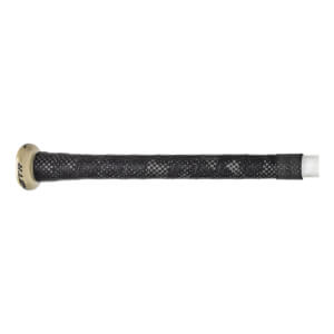 Side view of a gold baseball bat with a black checkered grip and white end cap.
