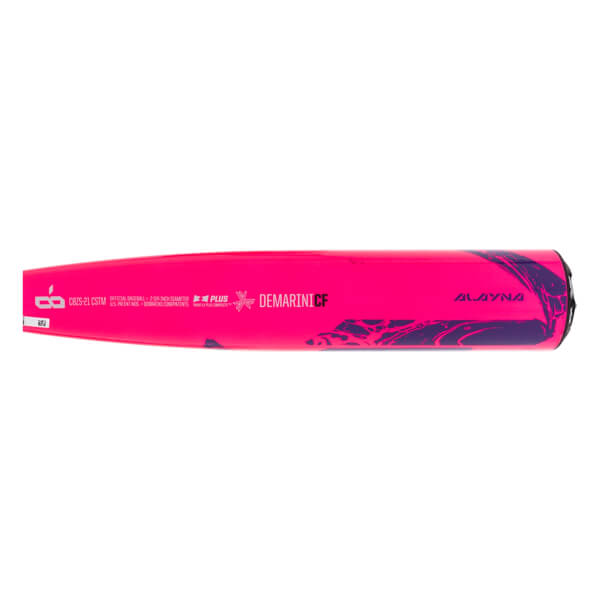 Side view of a pink DeMarini CF baseball bat with purple graphics and ALAYNA text.