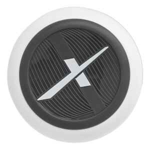 Top-down view of a white baseball bat end cap with a black and white X logo and textured lines.
