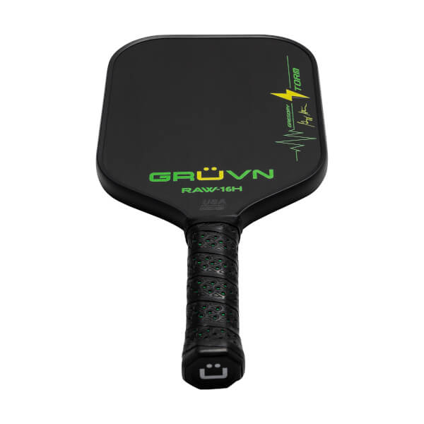 Front view of a black GRUVN pickleball paddle with green GRUVN RAW-16H branding and a lightning bolt graphic.