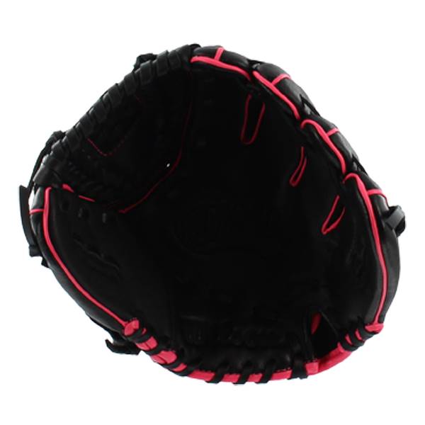 Top-down view of a black fastpitch glove with pink lacing and binding.