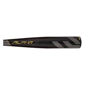 Side view of a black baseball bat with gold ALPHA text and gray accents.