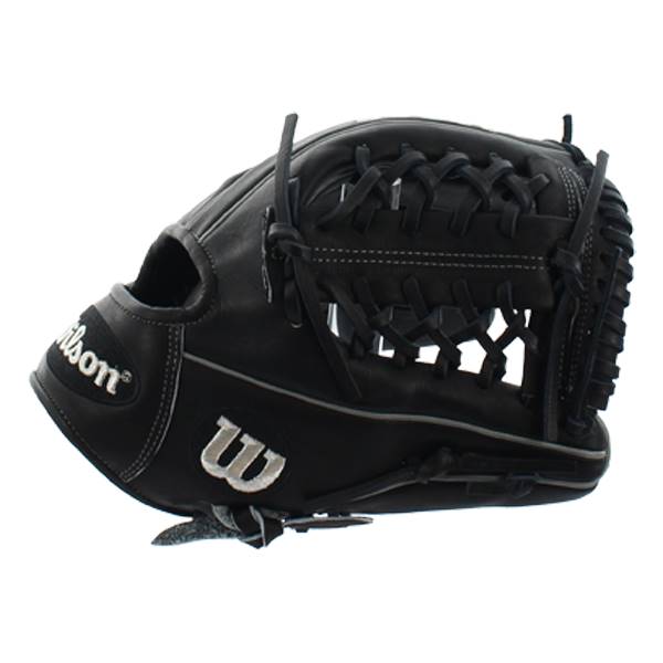 Side view of a black baseball glove with white Wilson branding and a W logo.