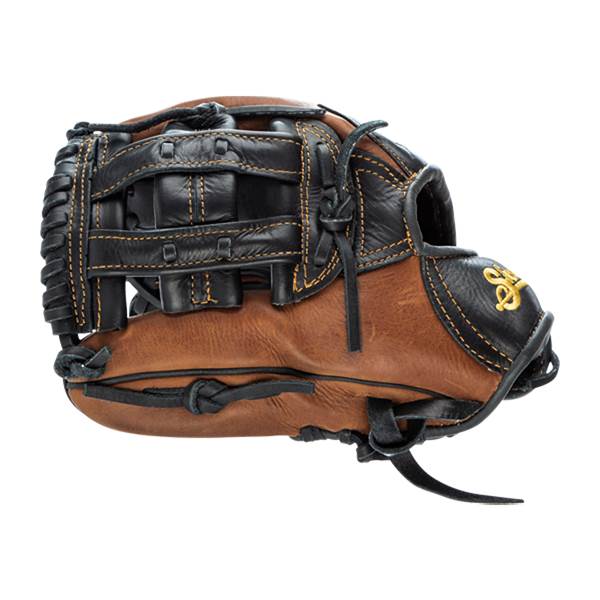 Side view of a brown and black baseball glove with gold SJ logo and visible lacing.