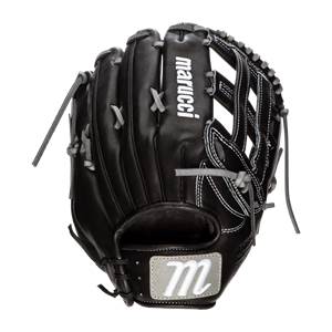 Front view of a black baseball glove with white stitching and a Marucci logo.