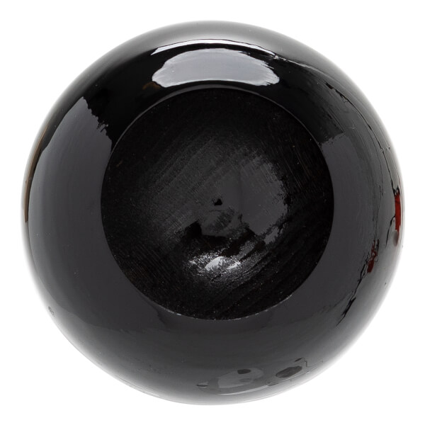 Top-down view of a glossy black baseball bat with a cupped end and visible wood grain inside.