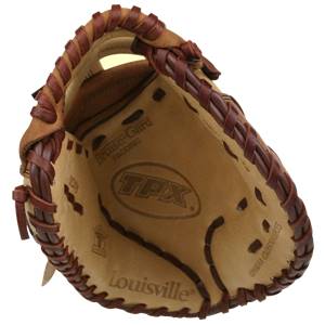 Top-down view of a tan first base mitt with Louisville and TPX branding.