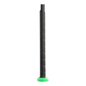 Close-up of a black baseball bat grip with a green end cap.