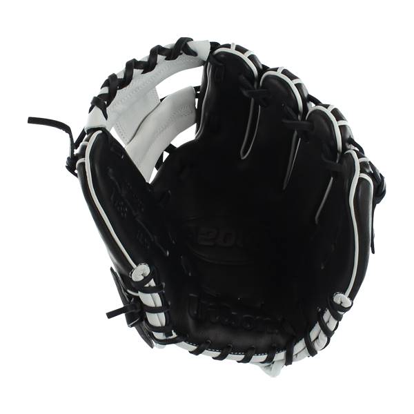 Top-down view of a black baseball glove with white lacing and Wilson logo.
