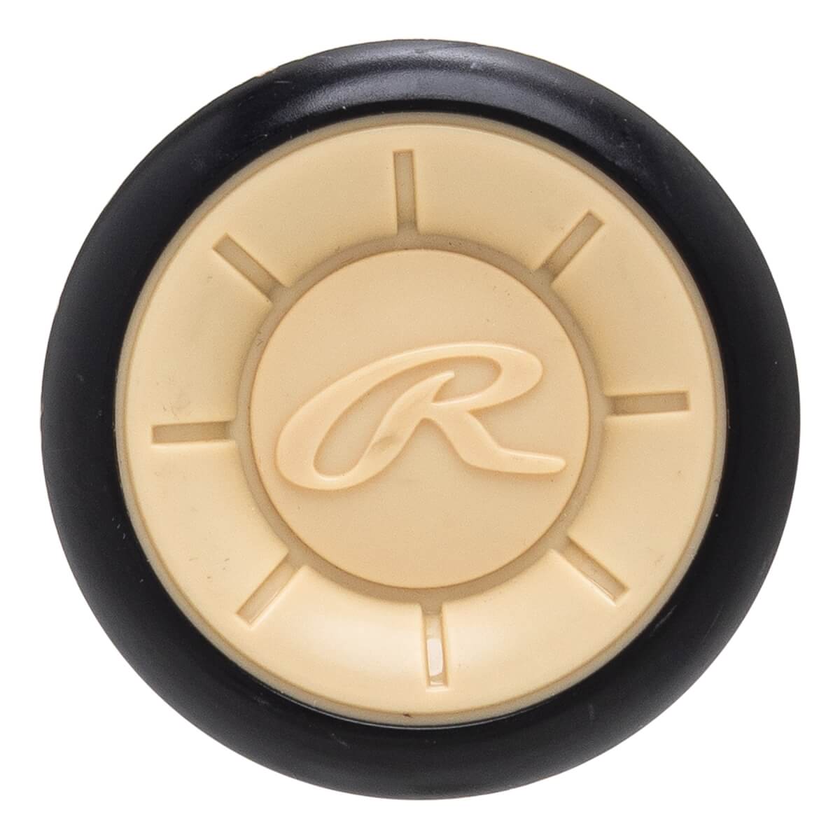 Top-down view of a black baseball bat end cap with a beige circular insert and a raised Rawlings R logo.