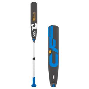 Front and close-up views of a black DeMarini CF USA Baseball bat with a white handle and blue accents, featuring visible "-10" and "USA BASEBALL" text.