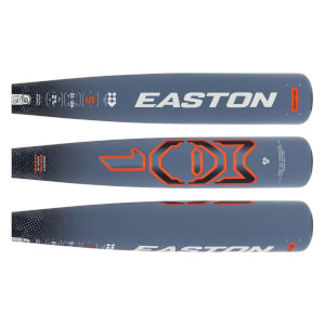 Multi-panel view of a grey baseball bat with white EASTON logo, orange geometric graphics, and USSSA specifications.