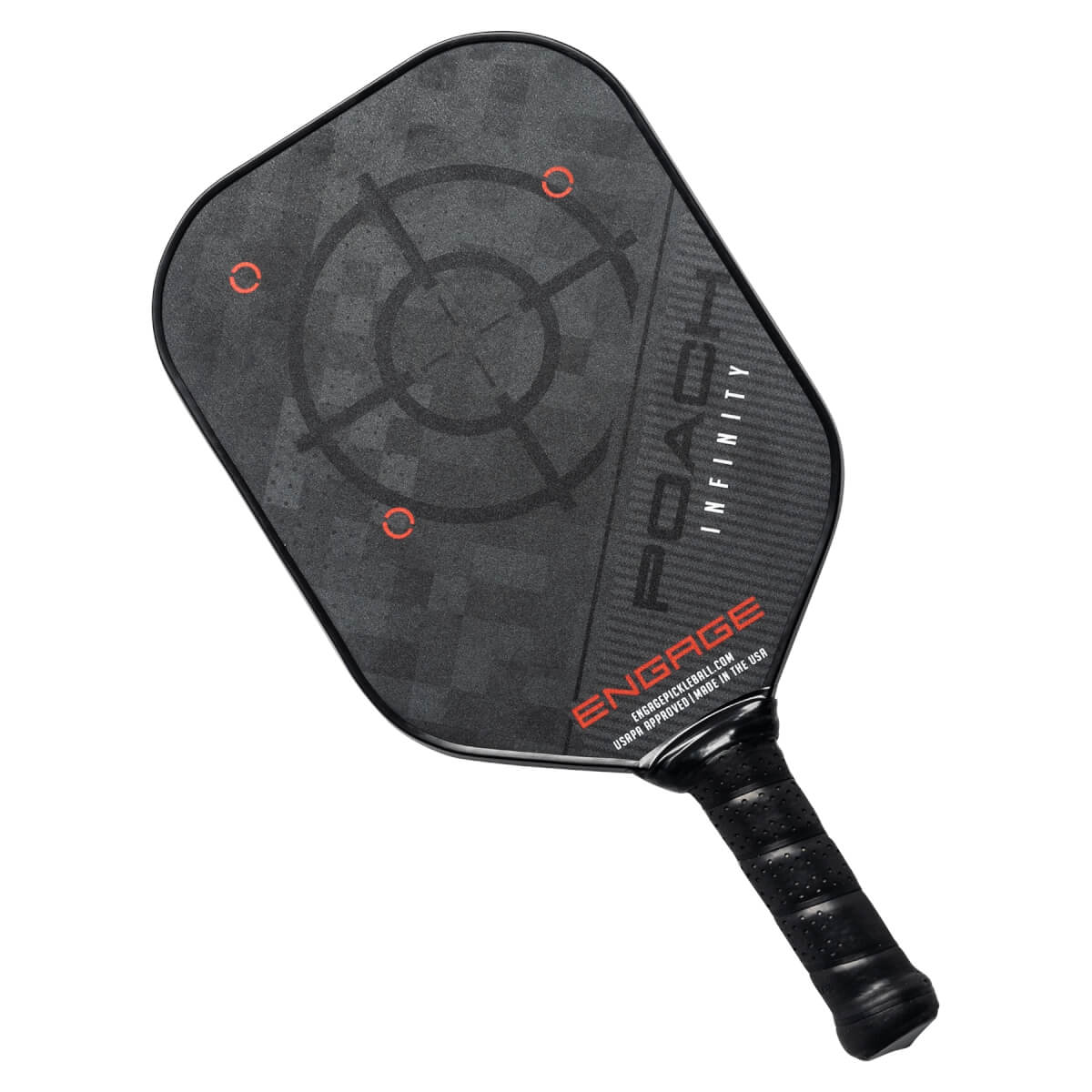 Top-down view of a black pickleball paddle with a target design and POACH INFINITY text.