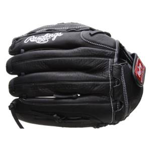 Top-down view of a black Rawlings fastpitch glove with white stitching and a red logo patch.