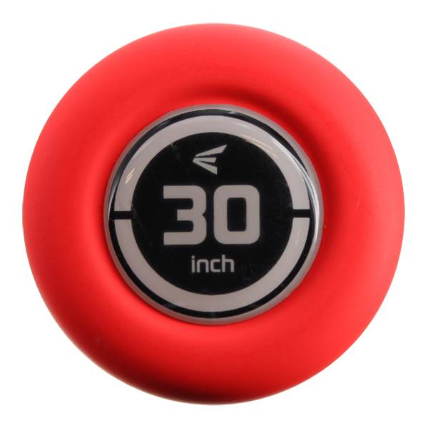End cap view of a red baseball bat with a black circular decal showing 30 inch and the Easton logo.