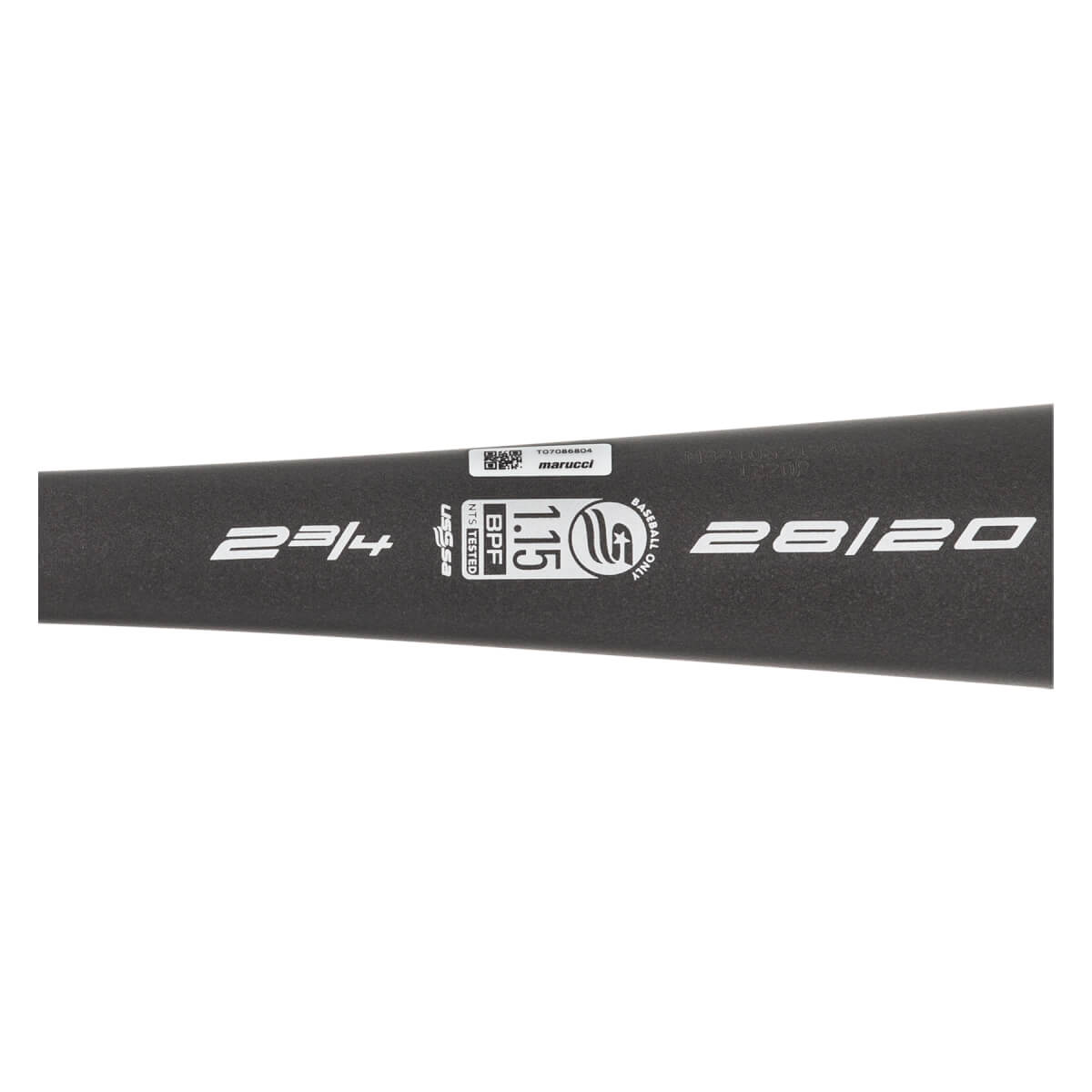 Side view of a black baseball bat with 2 1/4, USSSA, BPF 1.15, marucci, and 28/20 printed in white.