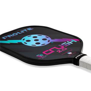 Corner view of a black pickleball paddle with PROLITE CRUSH 2.0 text and a perforated ball graphic.