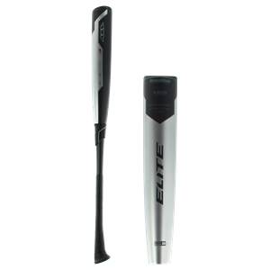 Side view of a silver and black baseball bat with AXE and ELITE branding.