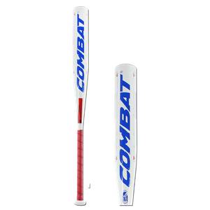 Side view of a white baseball bat with blue COMBAT lettering and a red grip.