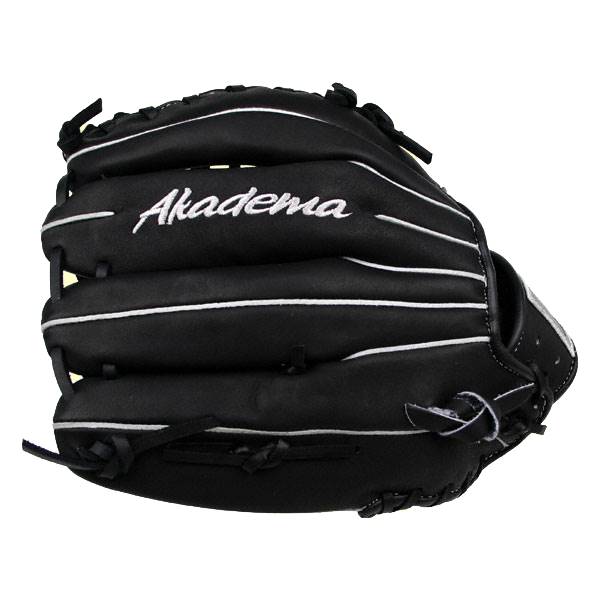 Top-down view of a black baseball glove with white stitching and Akadema logo.