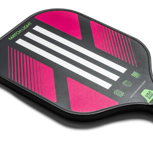 Close-up of a black pickleball paddle with pink accents, white stripes, and MATCH LIGHT text.