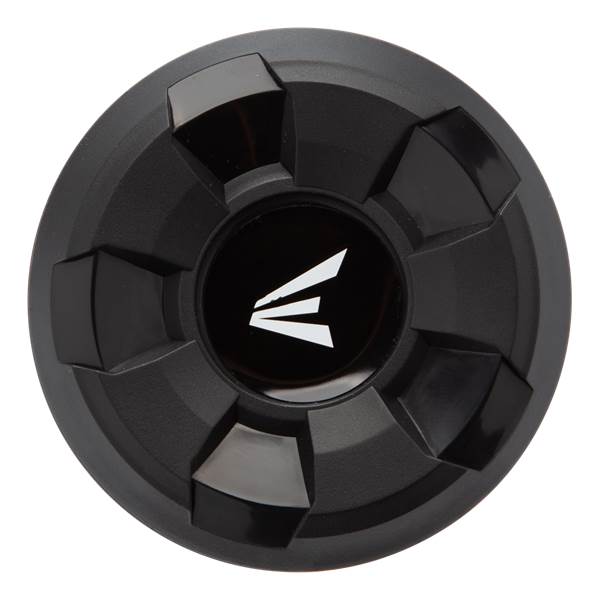 Top-down view of a black baseball bat end cap with the white Easton logo.