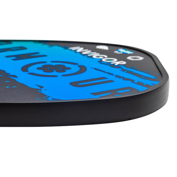 Side view of a blue and black pickleball paddle with INVIGOR text and a clover design.