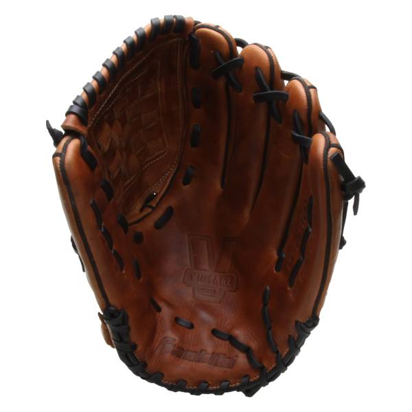 Top-down view of a brown baseball glove with black lacing, a woven pocket, and VINTAGE and Franklin branding.