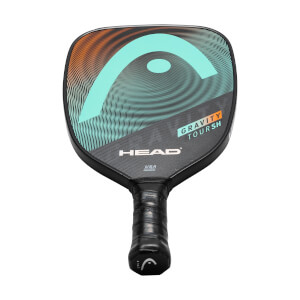 Front view of a black pickleball paddle with a large teal HEAD logo, orange and teal wave design, and GRAVITY TOURSH text.