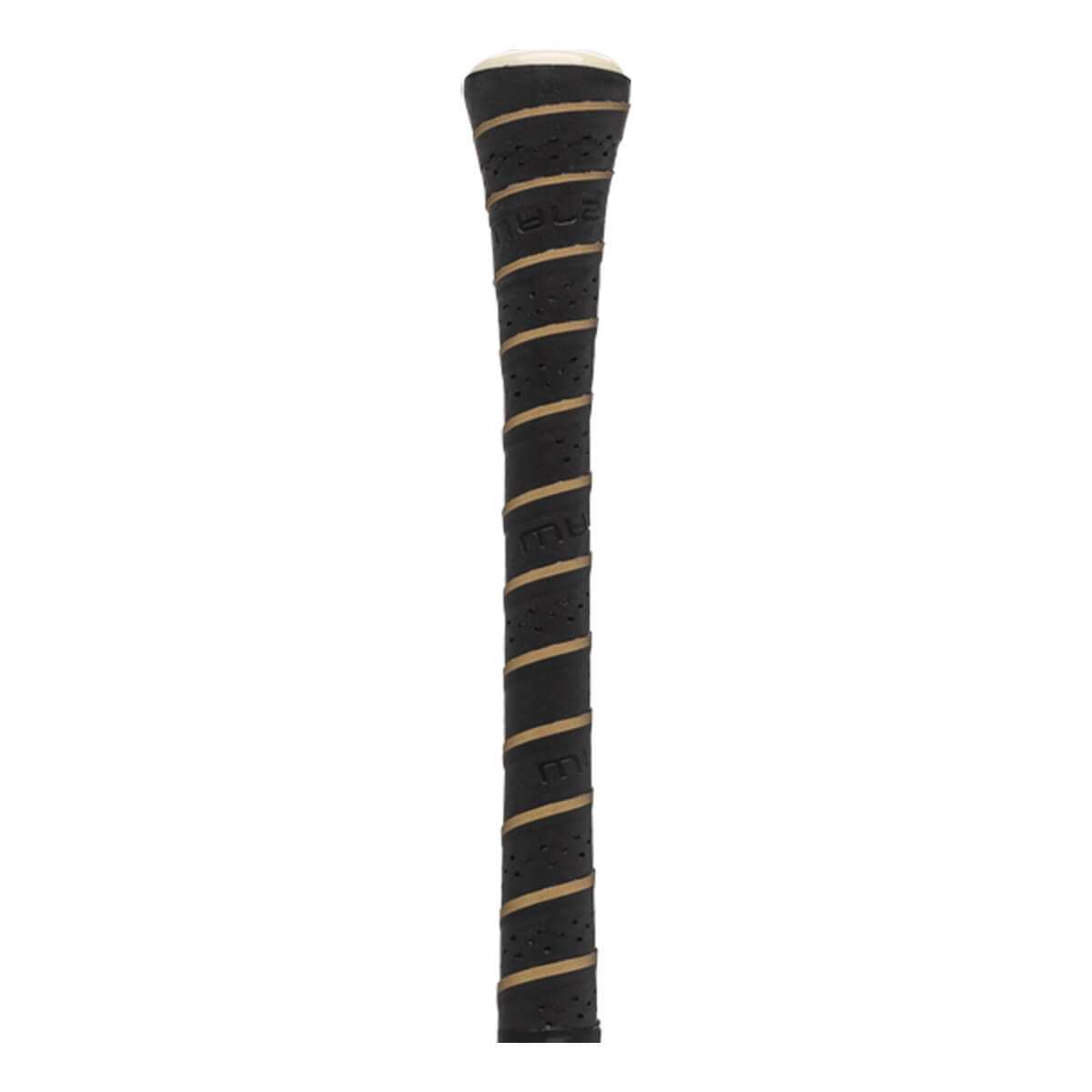 Close-up of a black perforated baseball bat grip with tan spiral wrapping, a white end cap, and embossed TRUE text.