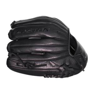 Front view of a black baseball glove with EASTON embossed on the index finger and a laced web.