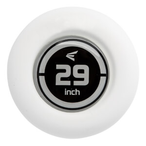 End cap view of a white baseball bat with a black circular logo displaying 29 inch and an Easton logo.