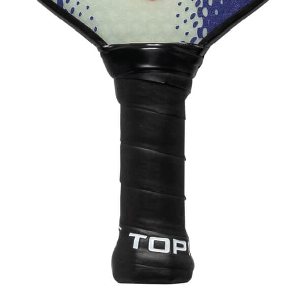 Close-up of a black pickleball paddle grip with white TOP lettering.