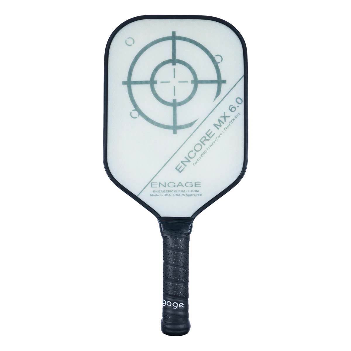 Front view of a white pickleball paddle with a target design, ENCORE MX 6.0, and ENGAGE branding.