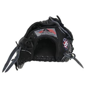 Front view of a black baseball glove with USA flag patch and MADE IN USA text.