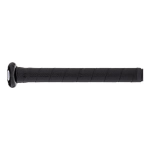 Side view of a black baseball bat with a perforated grip and a shiny black knob.