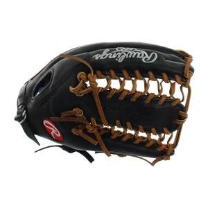 Side view of a black baseball glove with tan lacing and a red Rawlings logo.