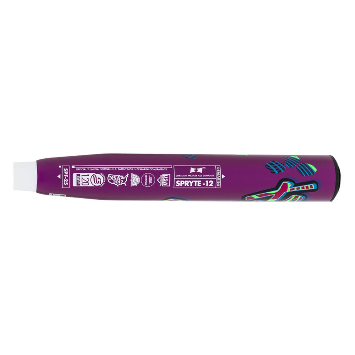 Side view of the purple DeMarini Spryte -12 barrel featuring teal graphics and text for SPRYTE -12, SPF-25, and USA Softball certification stamps.