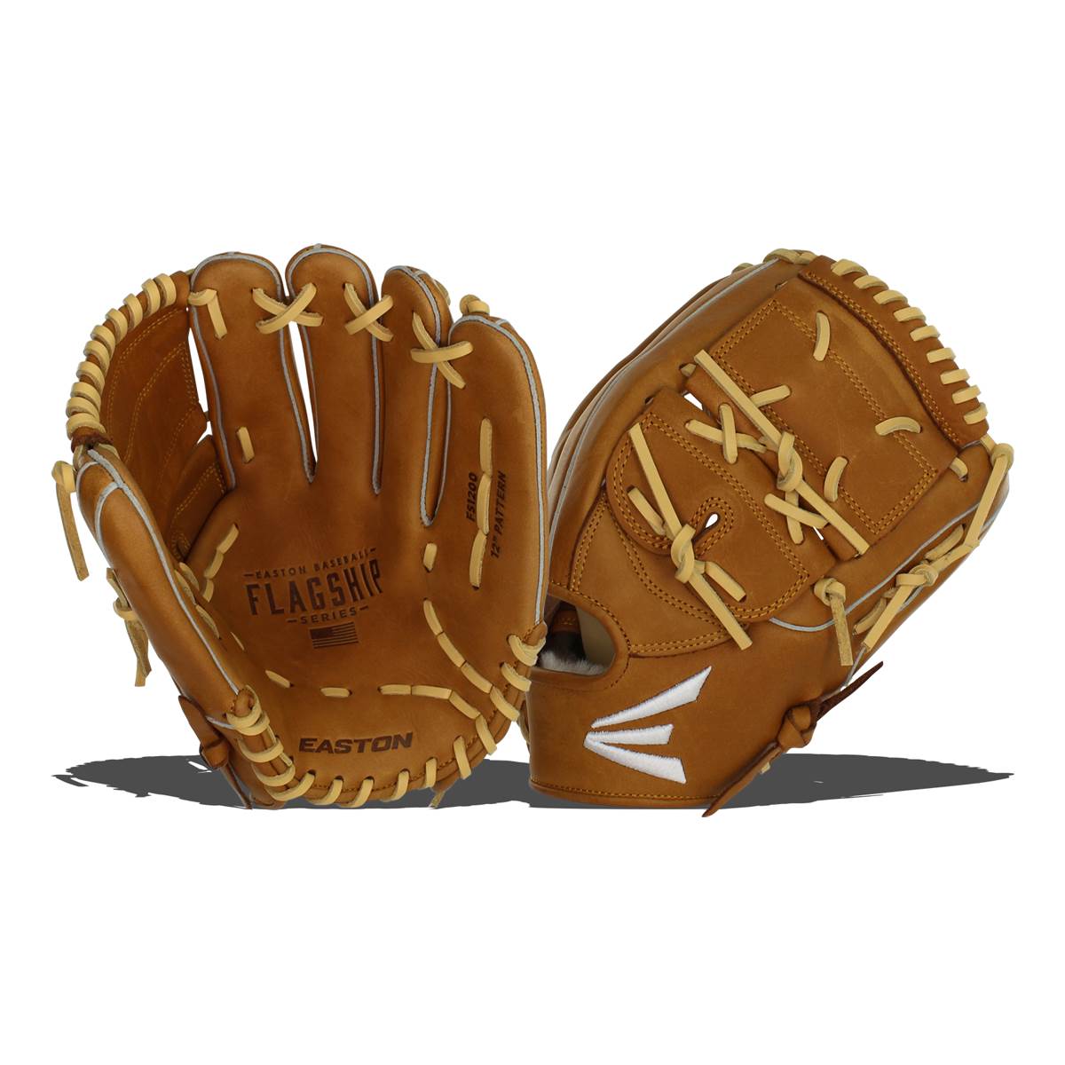 Front view of a brown baseball glove with EASTON FLAGSHIP SERIES text and a white E logo.