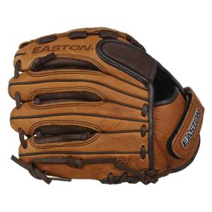 Side view of a brown Easton youth baseball glove with a wrist strap and visible EASTON branding.