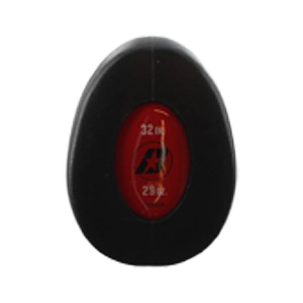 End view of a black baseball bat with a red oval insert showing 32 oz and 29 oz.