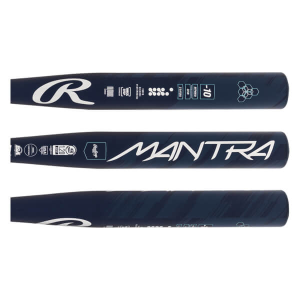 Detail view of a dark blue fastpitch softball bat with white Rawlings R logo, MANTRA text, and textured grip.