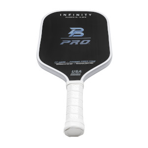 Front view of a black pickleball paddle with white grip, INFINITY, B PRO, and USA PICKLEBALL APPROVED text.