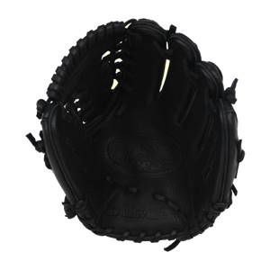 Top-down view of a black youth baseball glove with Louisville text and a textured palm.