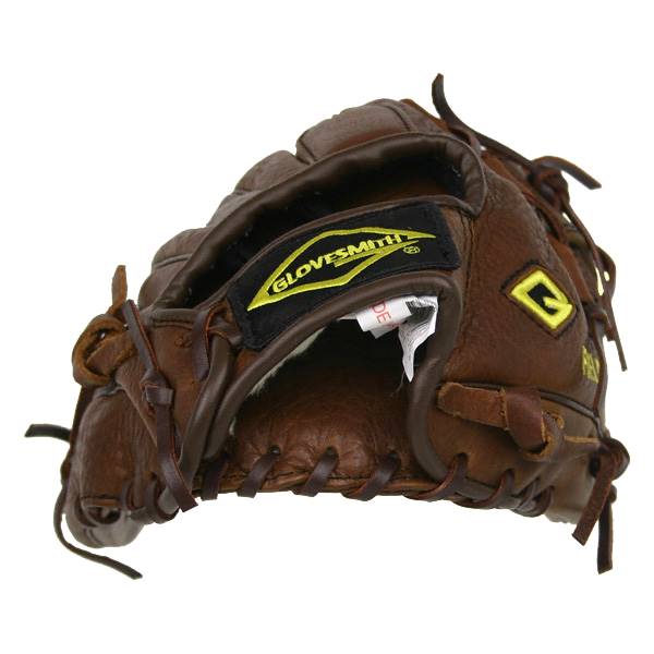 Side view of a brown baseball glove with a yellow Glovesmith logo and a yellow G emblem.