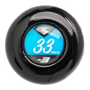 End cap view of the black bat featuring a bright blue circular center labeled 33 INCH and -3 with the Louisville Slugger logo.