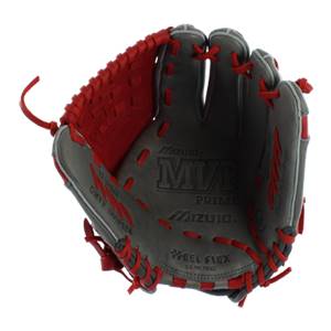 Top-down view of a smoke and red baseball glove with MVP Prime branding and red lacing.
