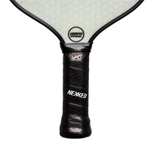 Close-up of a black pickleball paddle grip with NEXXED branding and a textured surface.